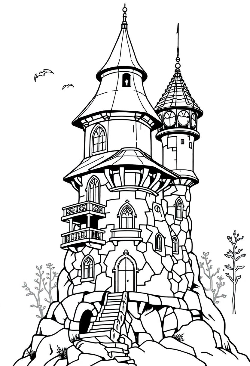 Wizard Tower with Magical Observatory coloring page for kids