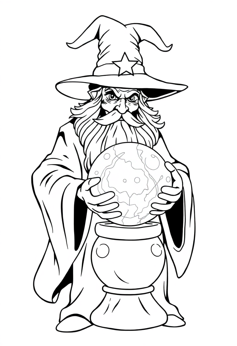 Wizard with Crystal Ball coloring page for kids