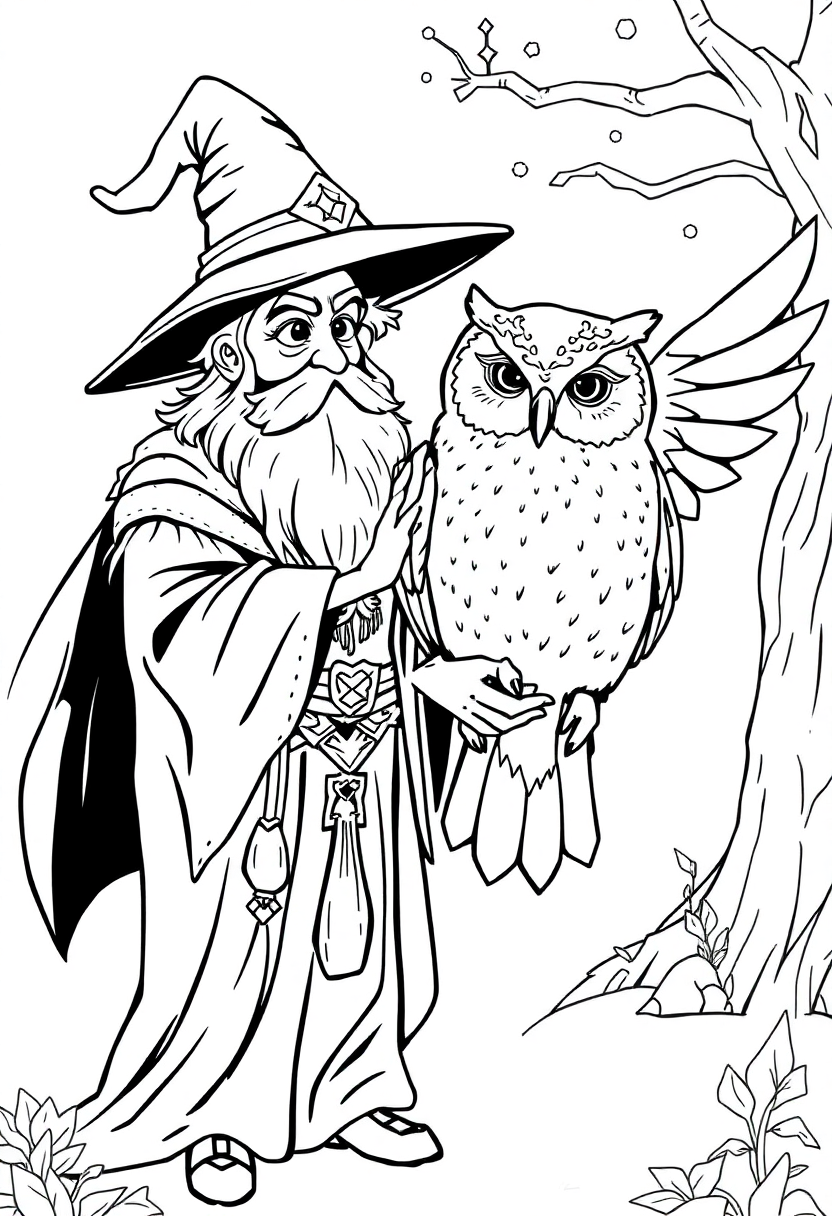 Wizard with Magical Owl Companion coloring page for kids