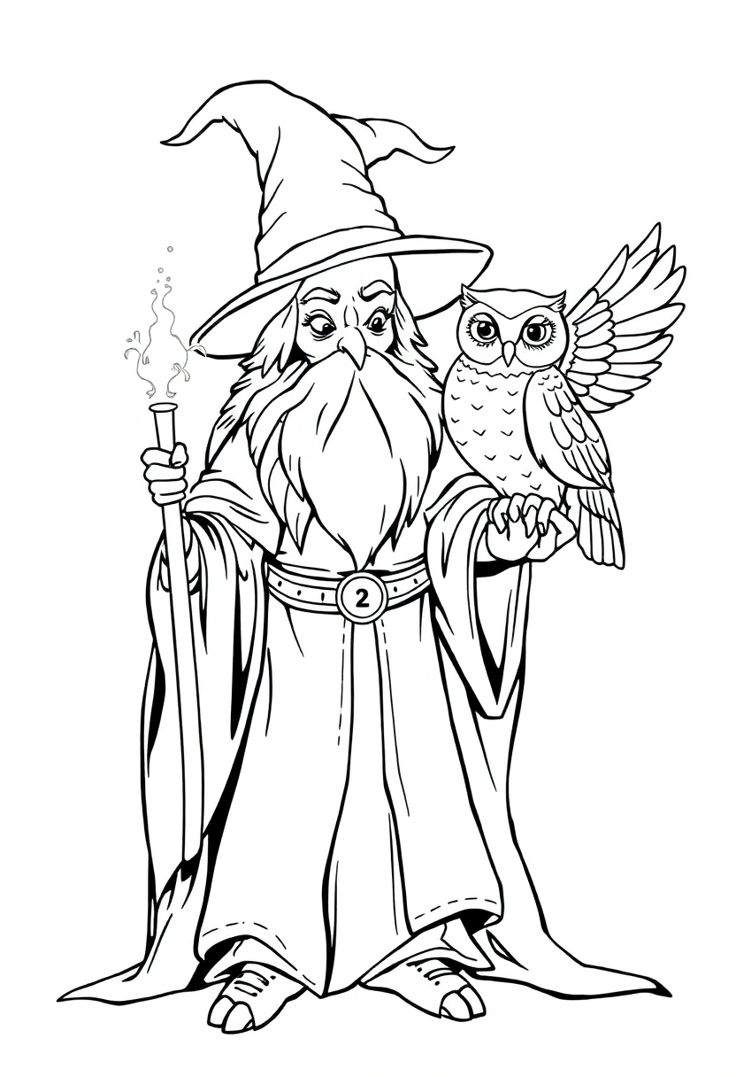 Wizard with Magical Owl Companion coloring page for kids