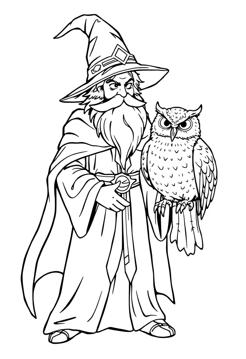 Wizard with Magical Owl Companion coloring page for kids