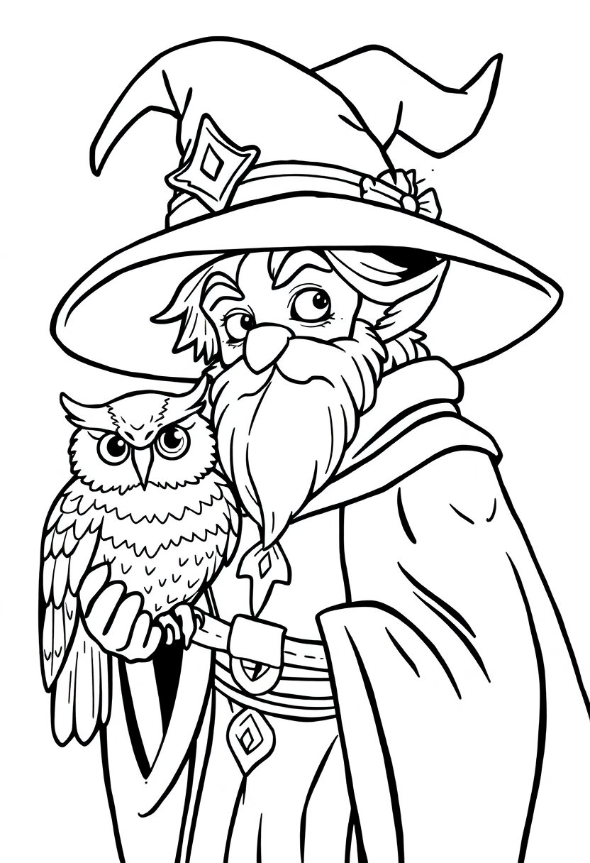 Wizard With Magical Owl Companion coloring pages