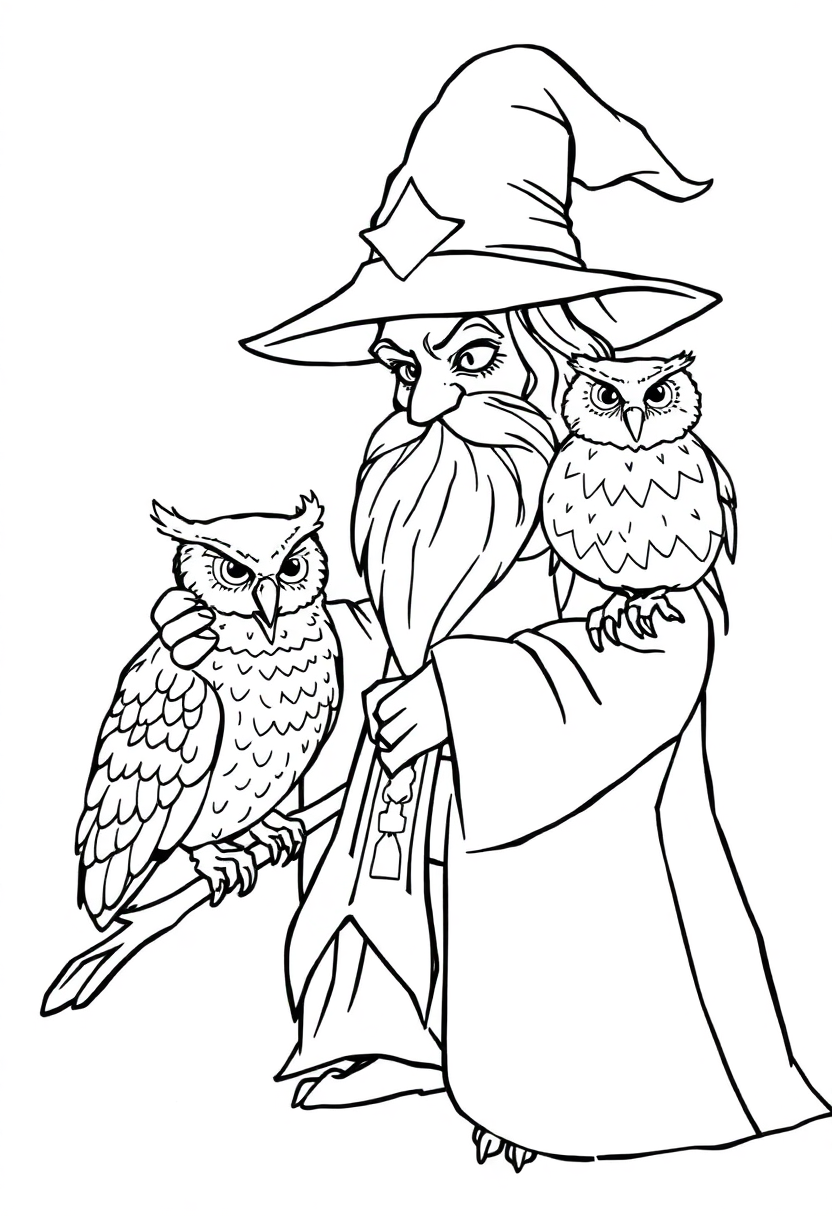 Wizard with Magical Owl Companion coloring page for kids