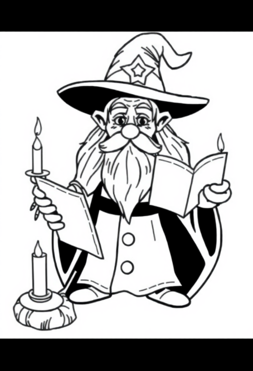 Wizard with Spell Book and Candles coloring page for kids