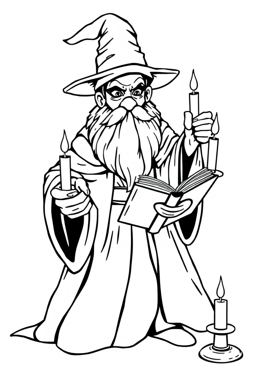 Wizard with Spell Book and Candles coloring page for kids