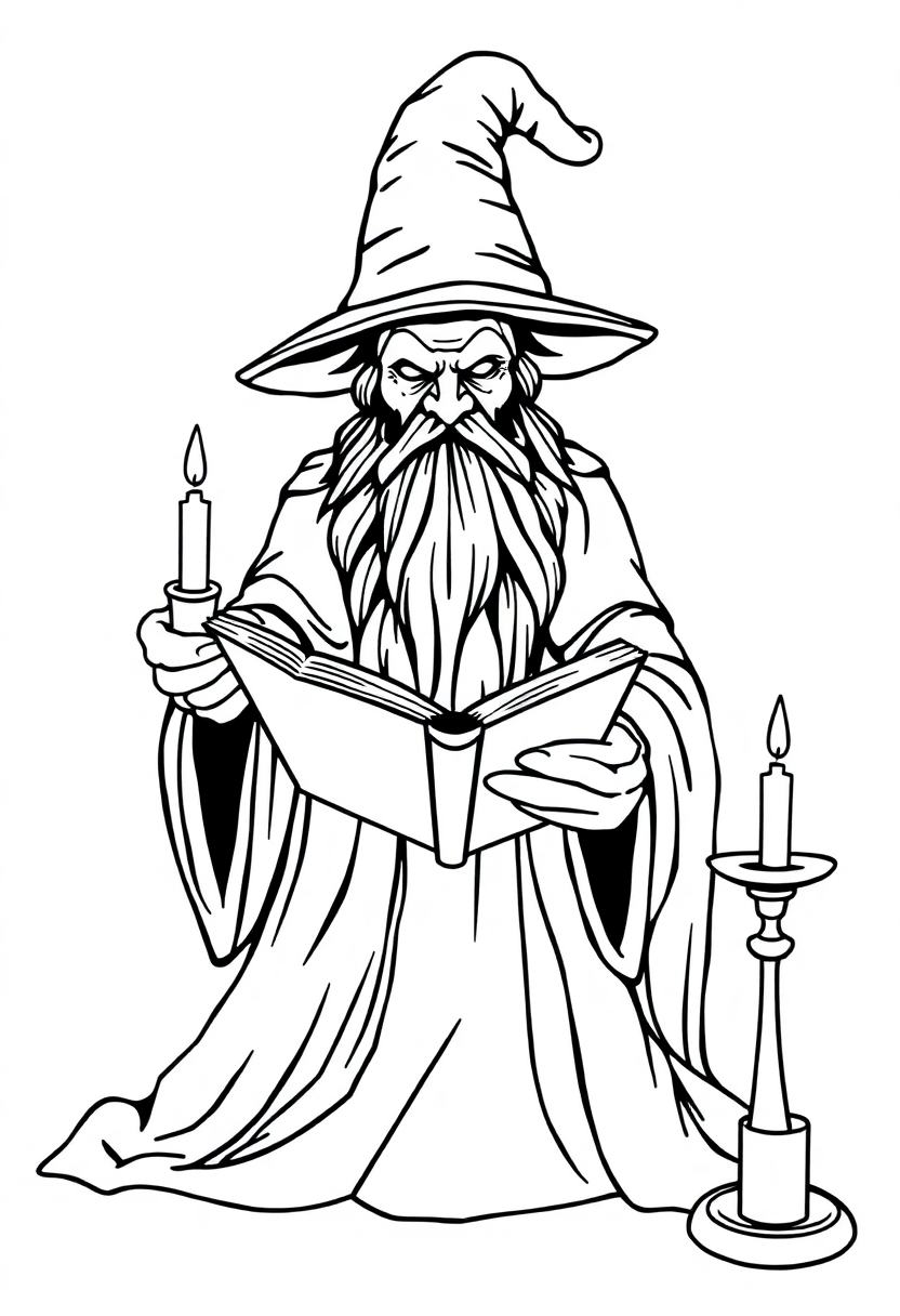 Wizard with Spell Book and Candles coloring page for kids