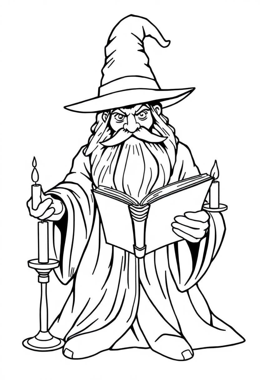 Wizard with Spell Book and Candles coloring page for kids