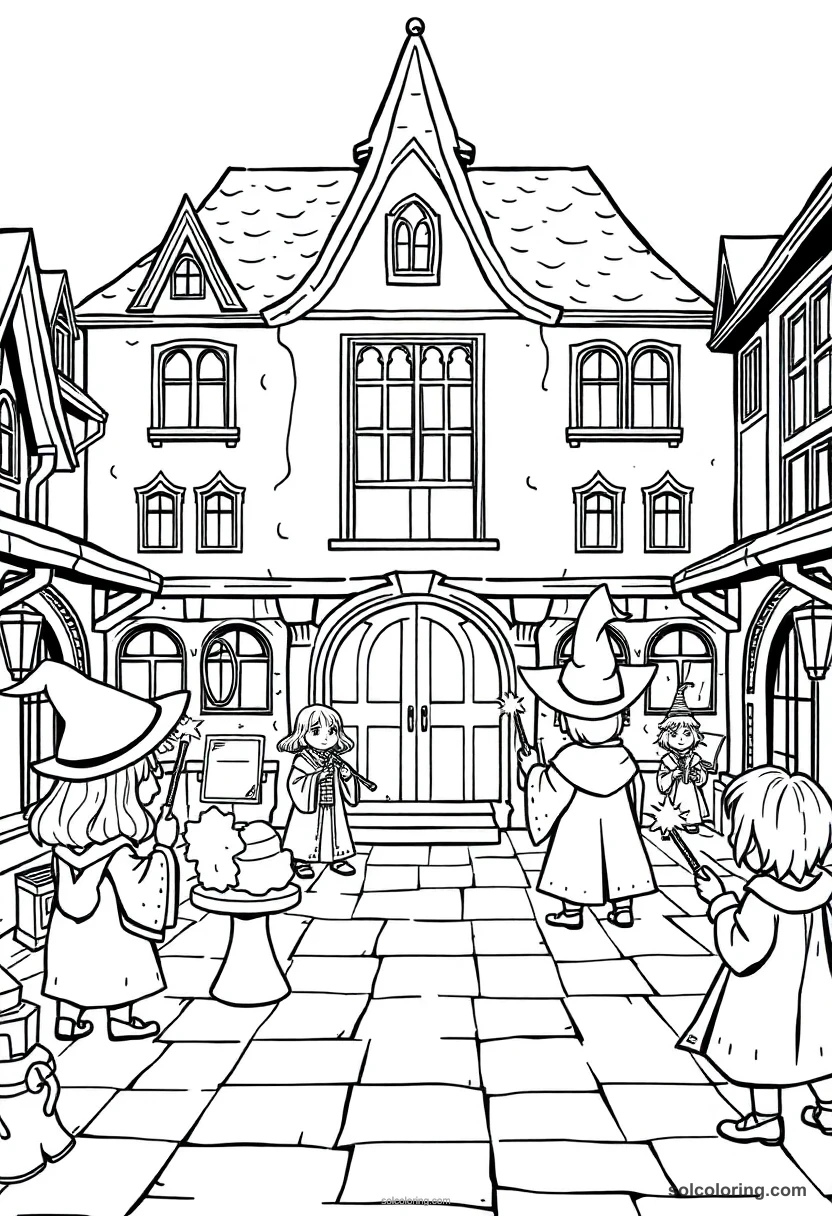 Chibi Wizarding School Courtyard with Students Practicing Wand Spells chibi coloring page for kids