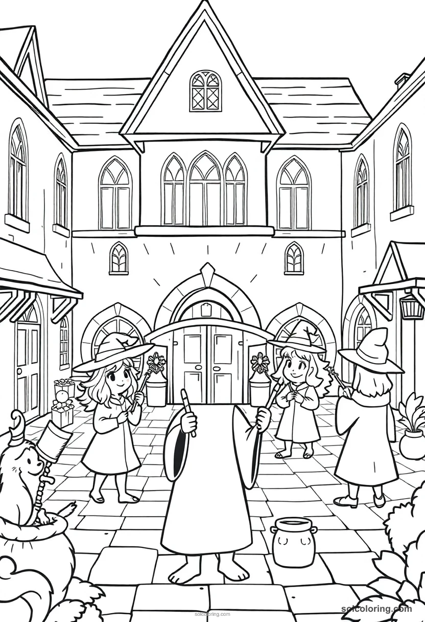 Cute Cartoon Wizarding School Courtyard with Students Practicing Wand Spells cute cartoon coloring page for kids