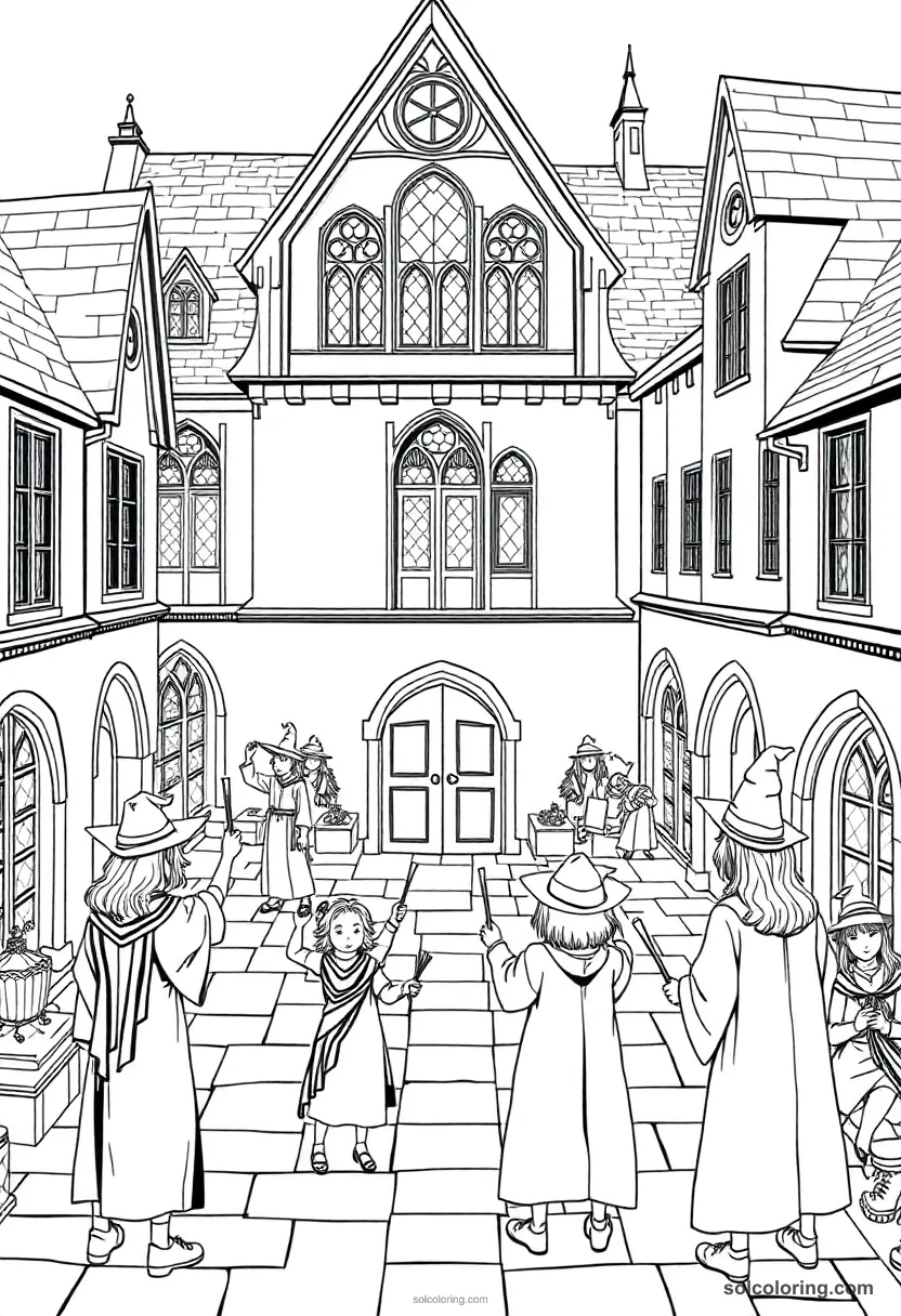 Wizarding School Courtyard With Students Practicing Wand Spells coloring page for kids