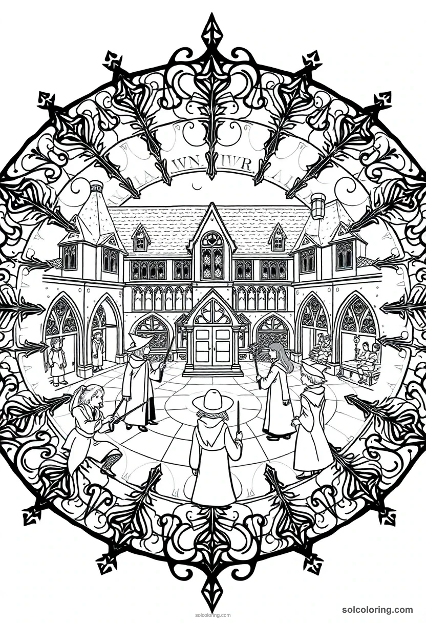 Mandala Wizarding School Courtyard with Students Practicing Wand Spells mandala coloring page for kids