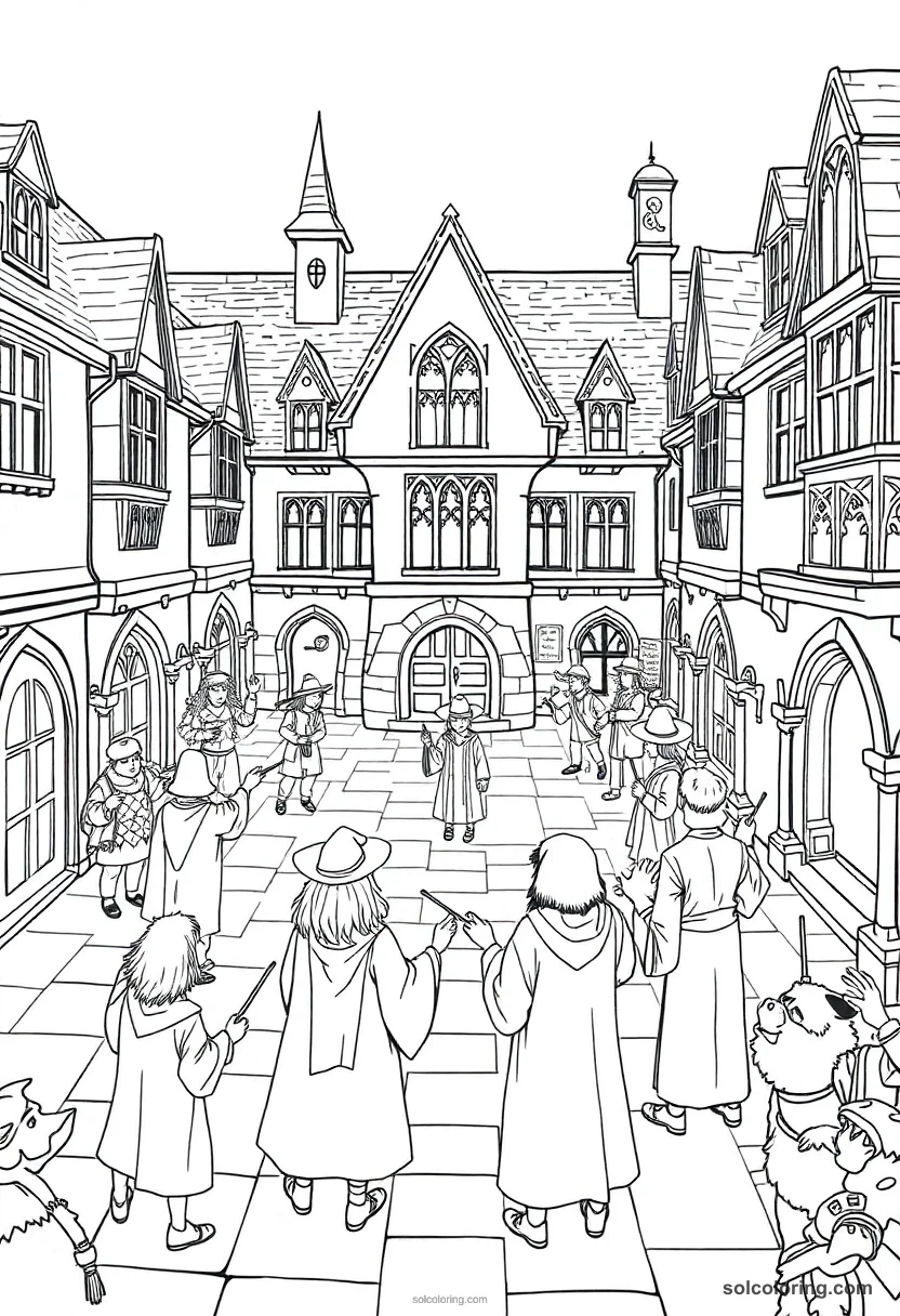 Wizarding School Courtyard With Students Practicing Wand Spells coloring pages