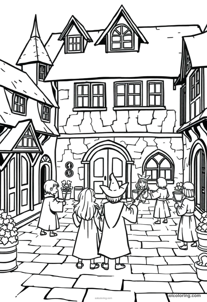 Simple Wizarding School Courtyard with Students Practicing Wand Spells simple coloring page for kids