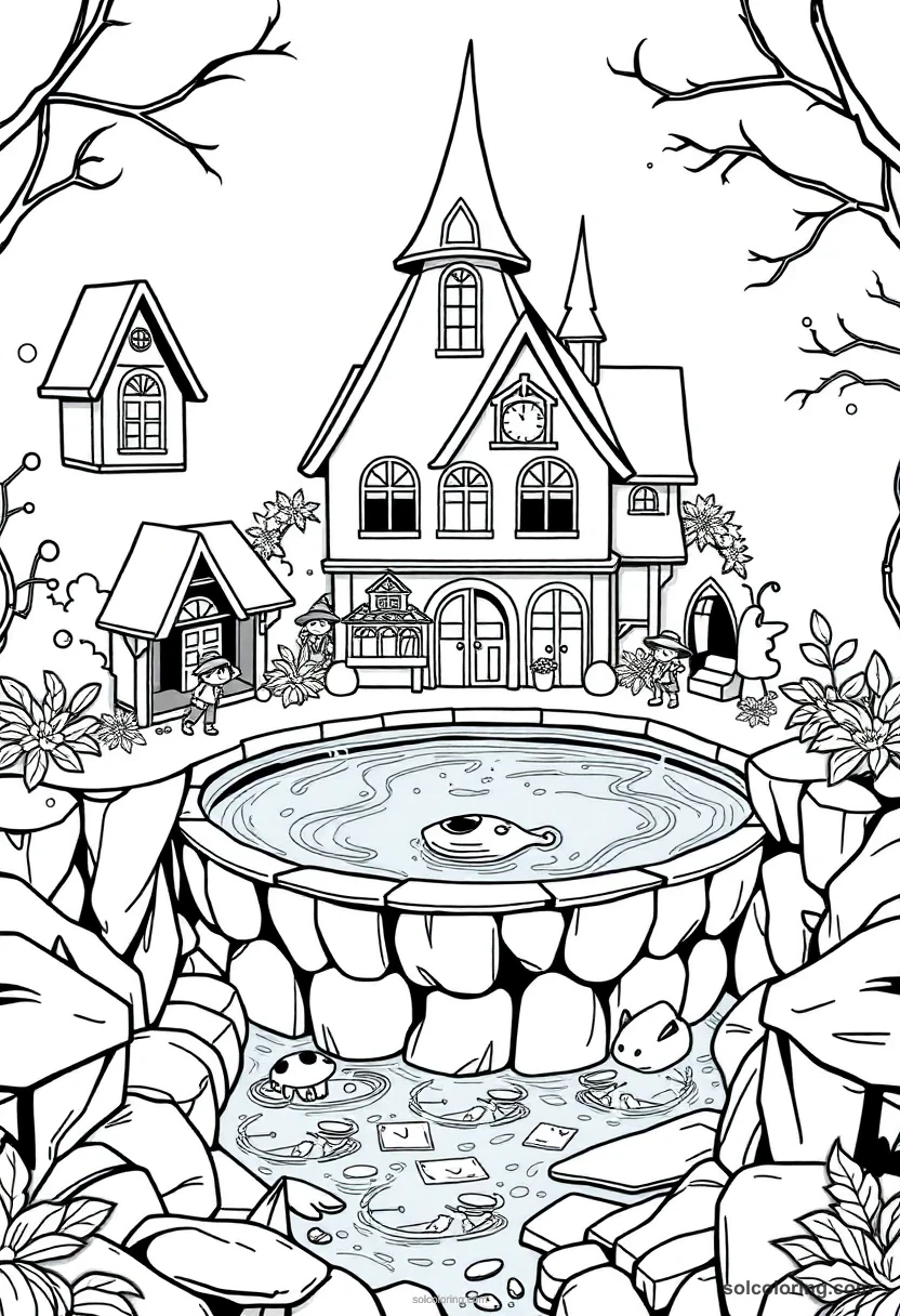 Chibi Wizarding School Swimming Pool Fed by an Underground Enchanted Spring chibi coloring page for kids