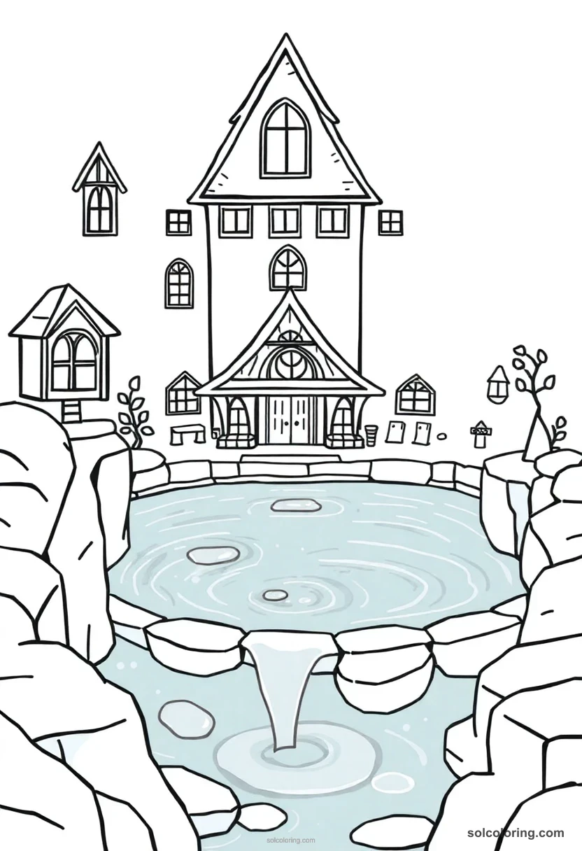Cute Cartoon Wizarding School Swimming Pool Fed by an Underground Enchanted Spring cute cartoon coloring page for kids
