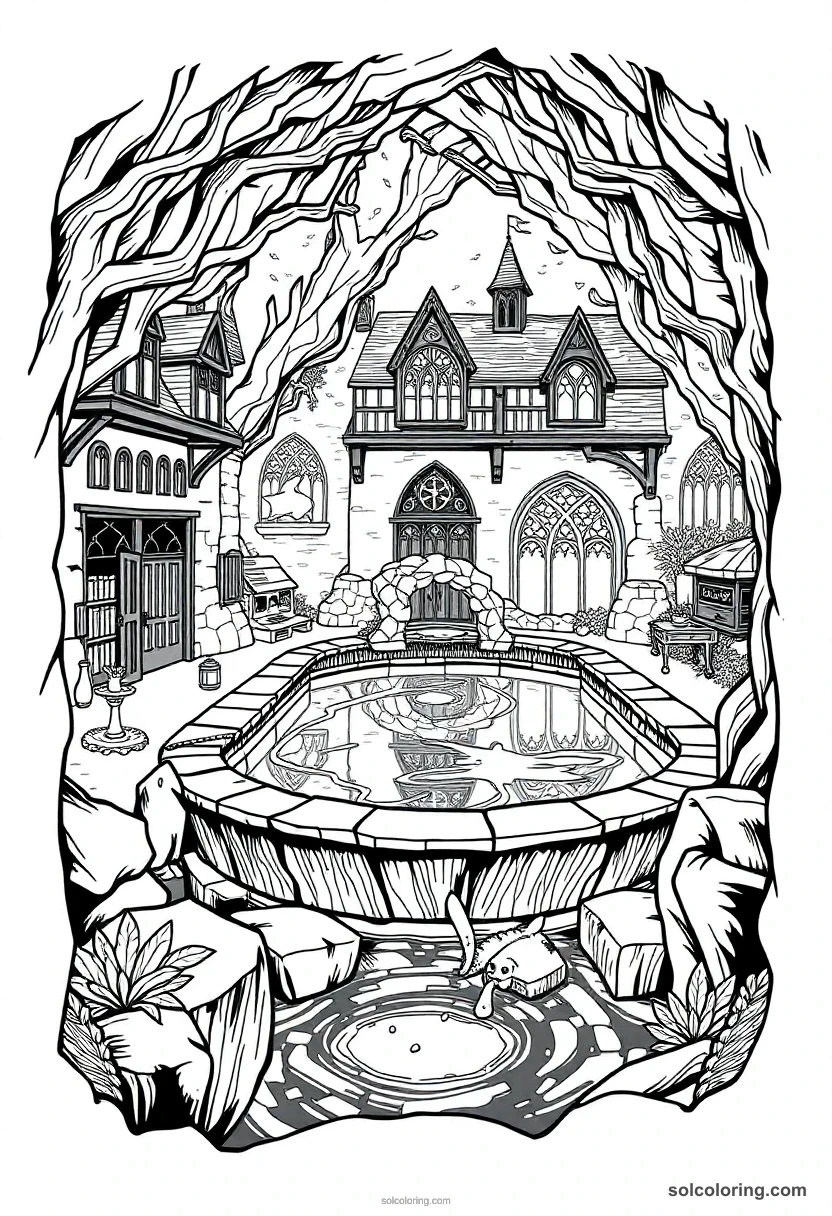 Wizarding School Swimming Pool Fed by an Underground Enchanted Spring detailed coloring page for kids