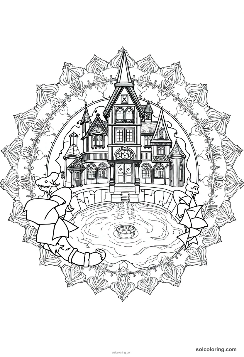 Mandala Wizarding School Swimming Pool Fed by an Underground Enchanted Spring mandala coloring page for kids