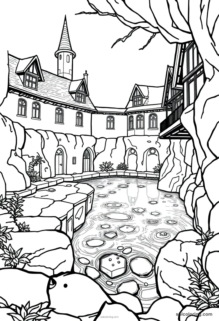 Wizarding school swimming pool coloring page with enchanted spring, stone architecture and magical water details