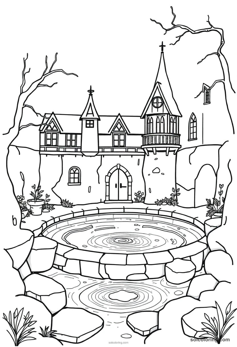 Simple Wizarding School Swimming Pool Fed by an Underground Enchanted Spring simple coloring page for kids