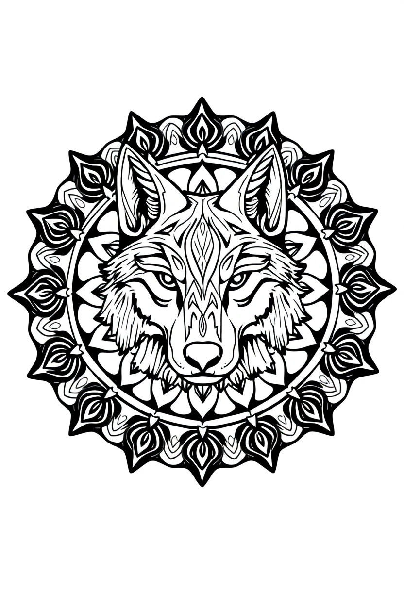 Wolf mandala coloring page with intricate geometric patterns and bold outlines, free printable design for adults and kids