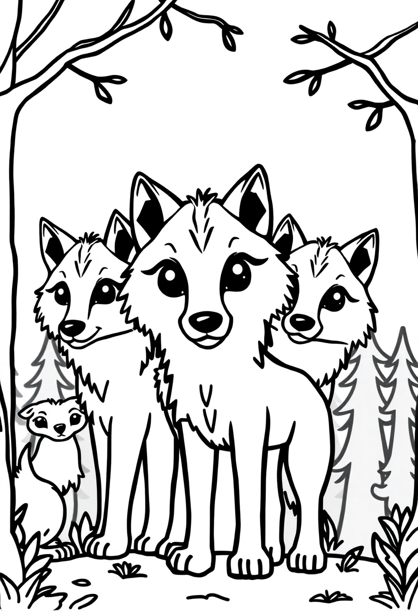 Wolf Pack in Forest coloring page, free printable