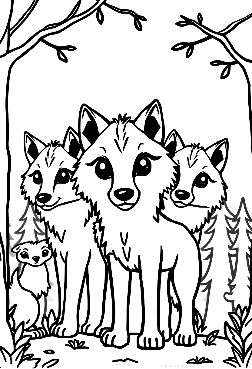 Wolf Pack in Forest coloring page for kids