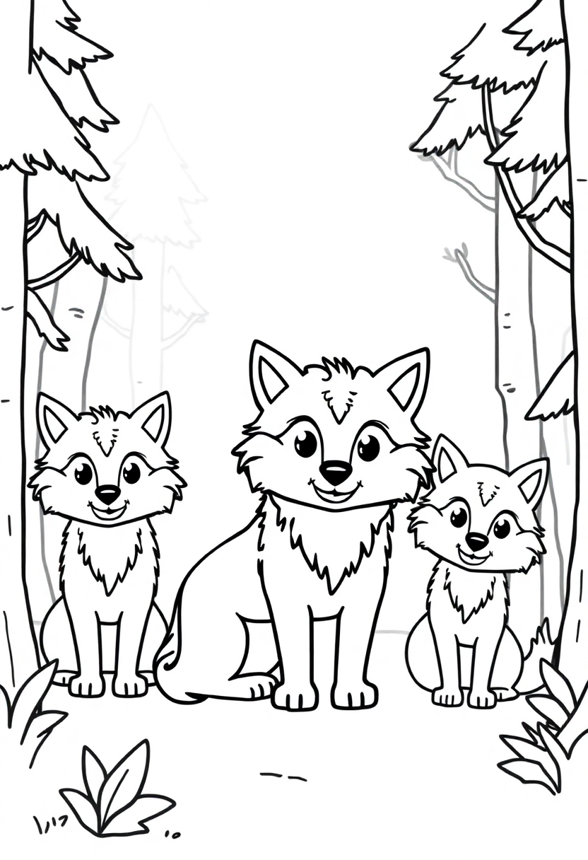 Wolf pack in forest coloring page showing cute cartoon wolves among trees with bold outlines for easy coloring
