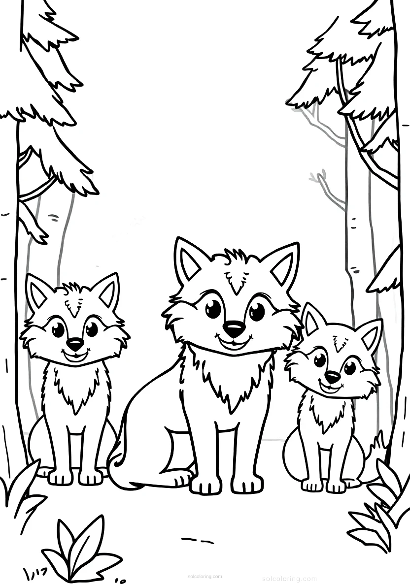 Wolf Pack in Forest coloring page for kids