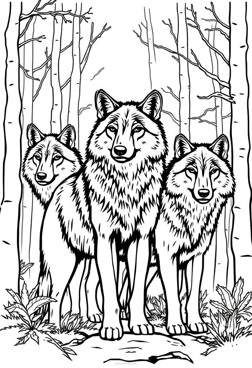 Wolf Pack in Forest coloring page for kids