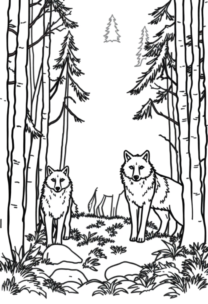 Wolf Pack in Forest coloring page, free printable