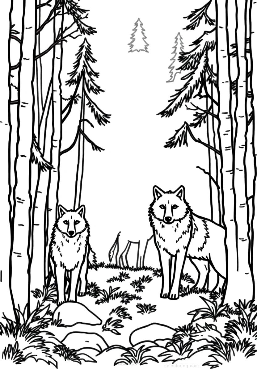 Wolf Pack in Forest coloring page for kids