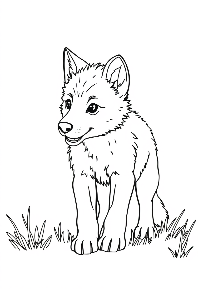 Wolf Pup Learning to Hunt coloring page, free printable