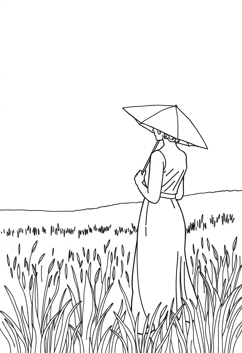 Woman with Parasol in Field coloring page, free printable
