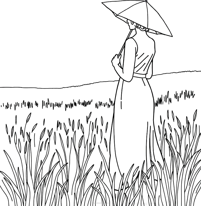 Woman With Parasol in Field coloring page for kids
