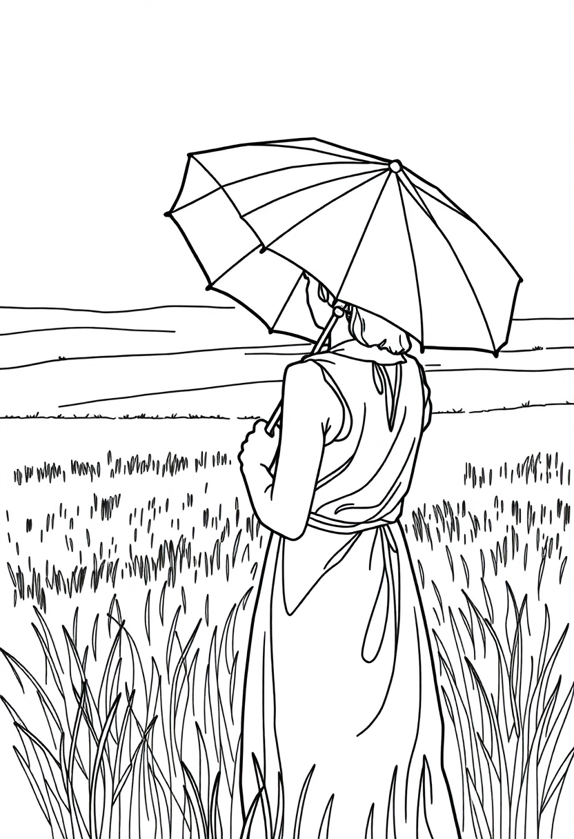 Woman with Parasol in Field coloring page, free printable