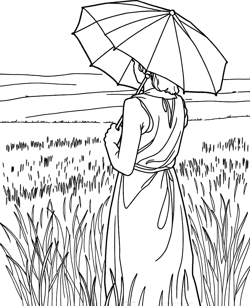 Woman with Parasol in Field coloring page for kids