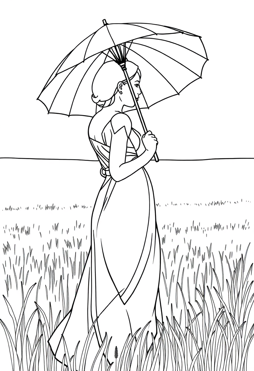Woman with Parasol in Field coloring page, free printable
