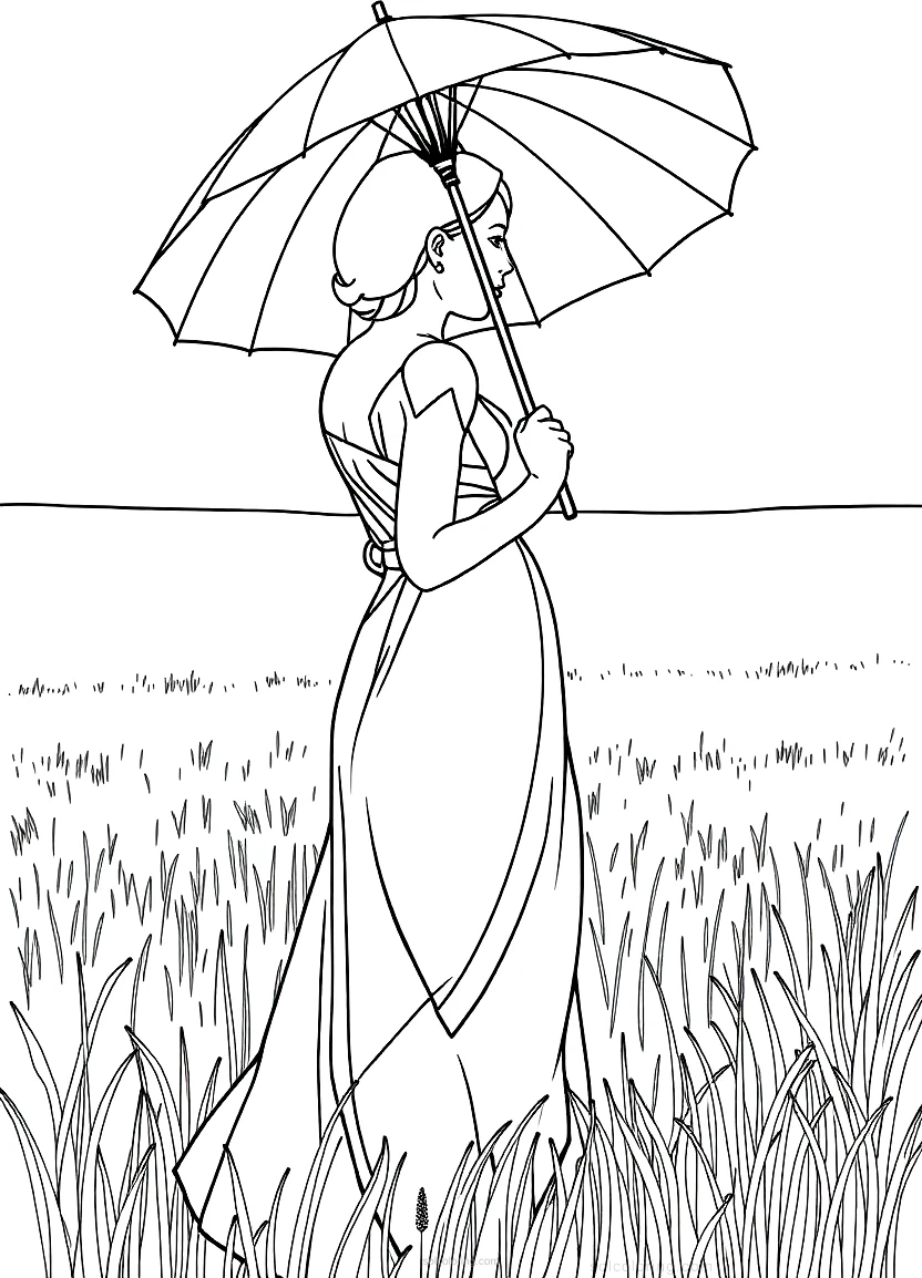 Woman With Parasol in Field coloring page for kids