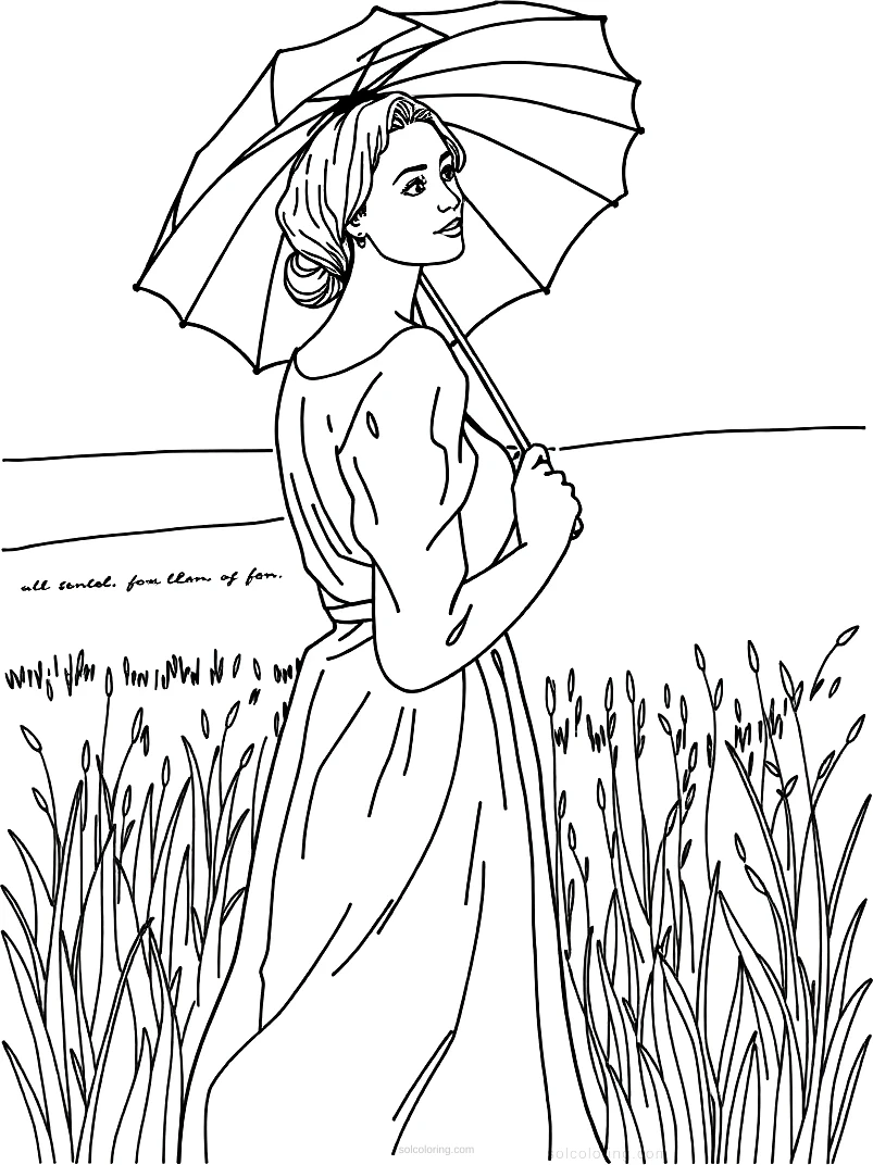 Woman With Parasol in Field coloring page for kids