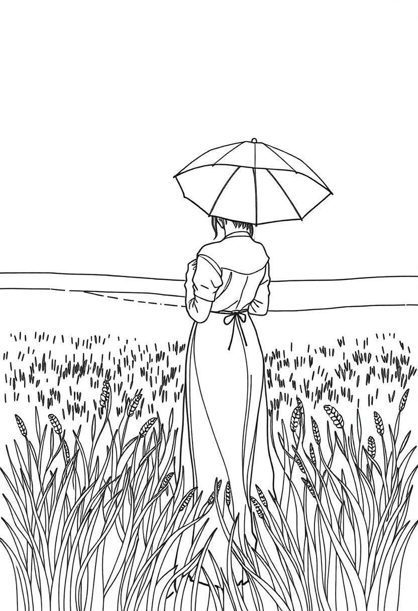 Woman With Parasol In Field coloring pages