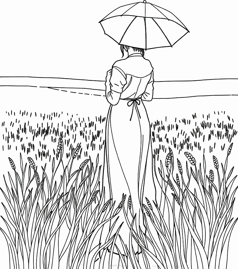 Woman With Parasol in Field coloring page for kids
