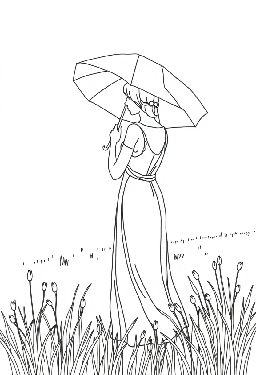 Woman with Parasol in Field coloring page, free printable