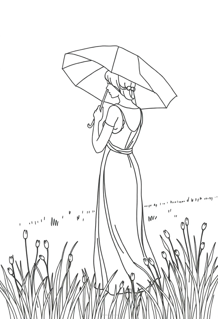 Woman With Parasol in Field coloring page for kids