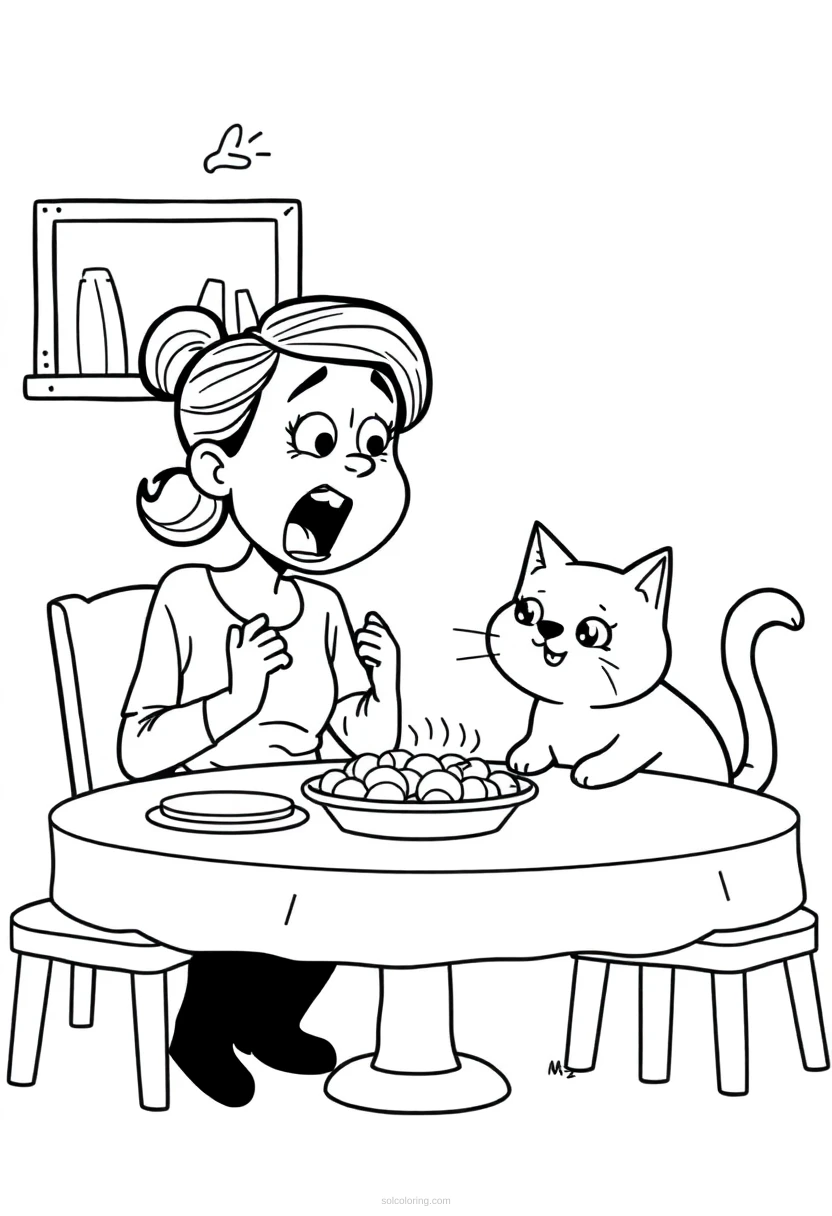 Woman Yelling at Cat Dinner Table coloring page for kids