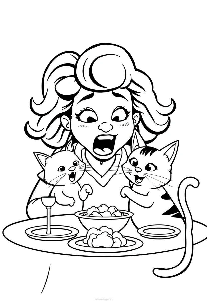 Woman Yelling at Cat Dinner Table coloring page for kids