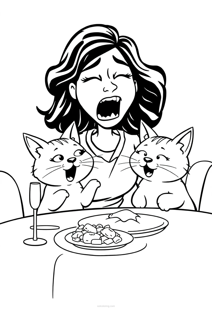 Woman Yelling At Cat Dinner Table coloring pages