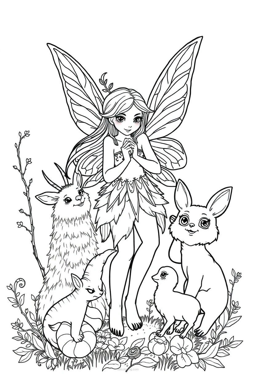 Woodland Fairy with Animals coloring page for kids