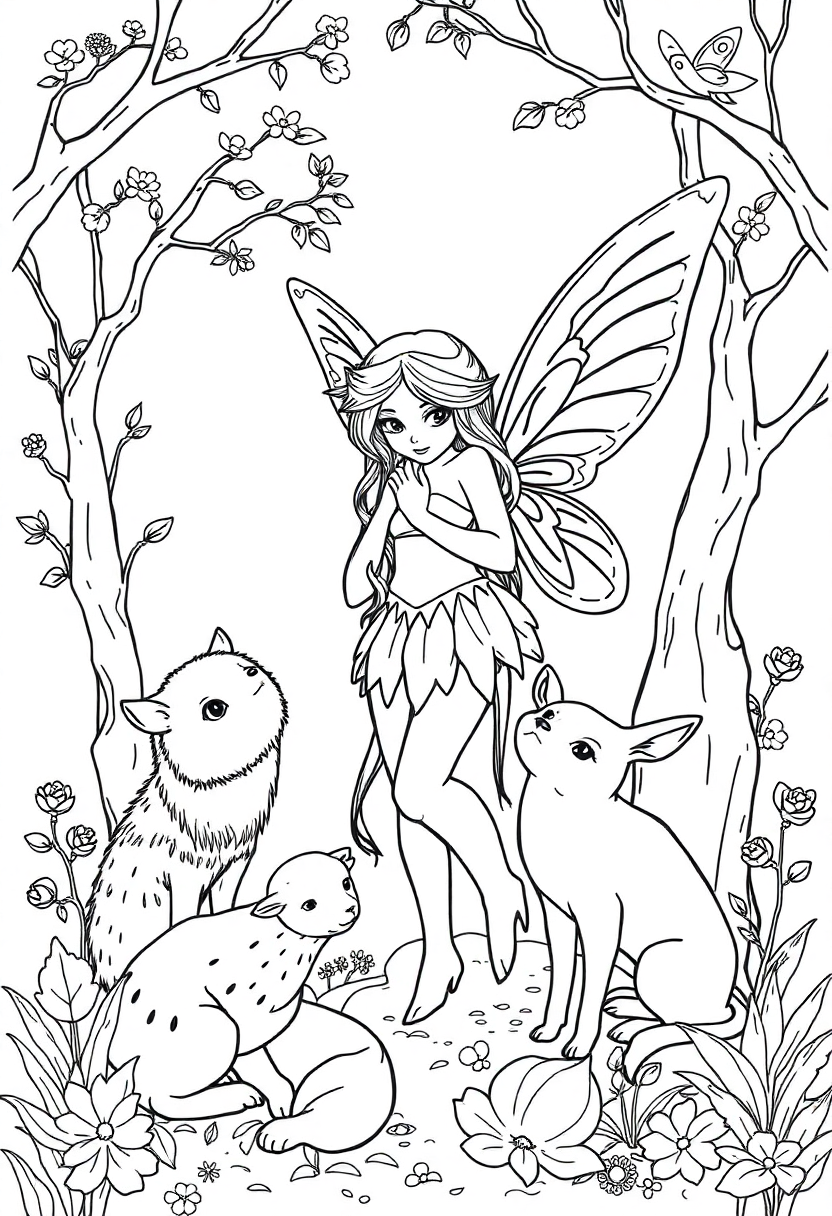 Woodland Fairy with Animals coloring page, free printable