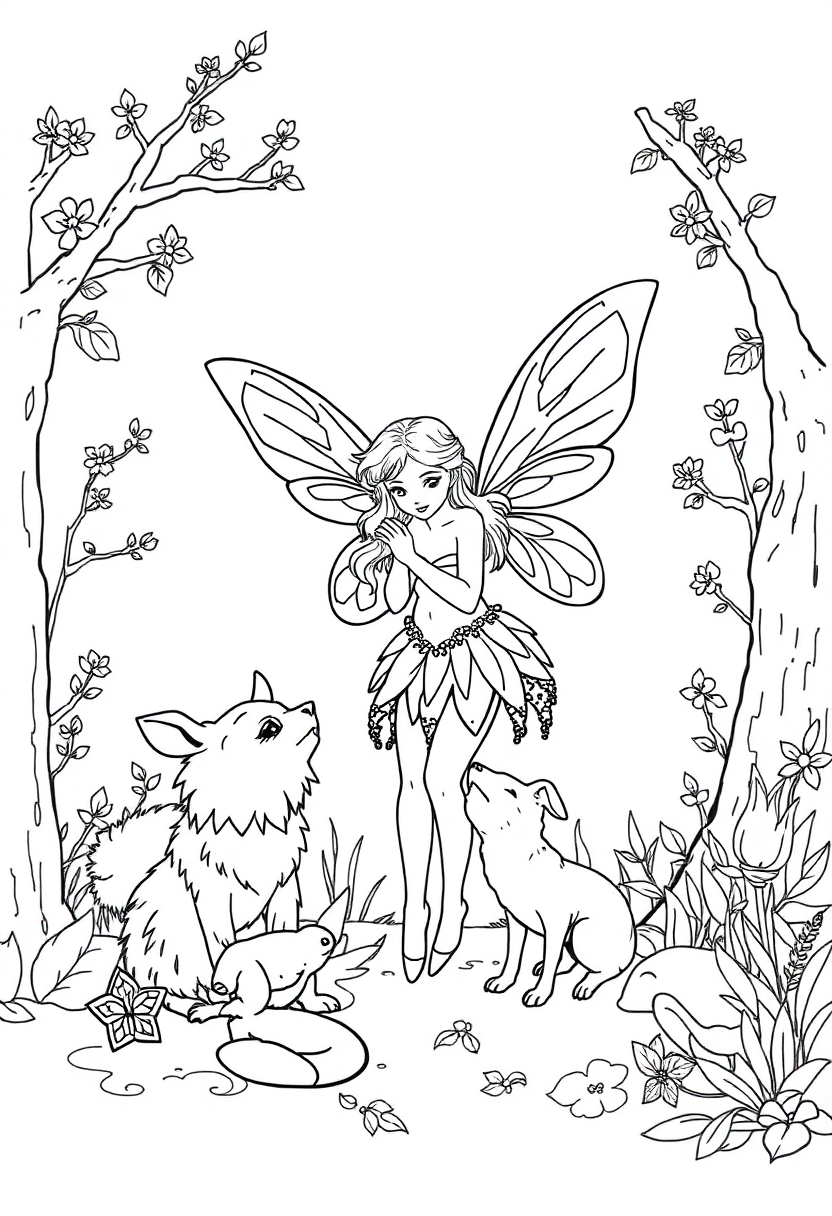 Woodland Fairy with Animals coloring page, free printable