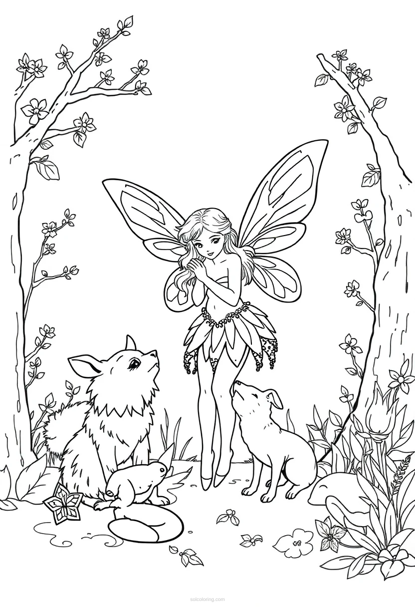 Woodland Fairy with Animals coloring page for kids